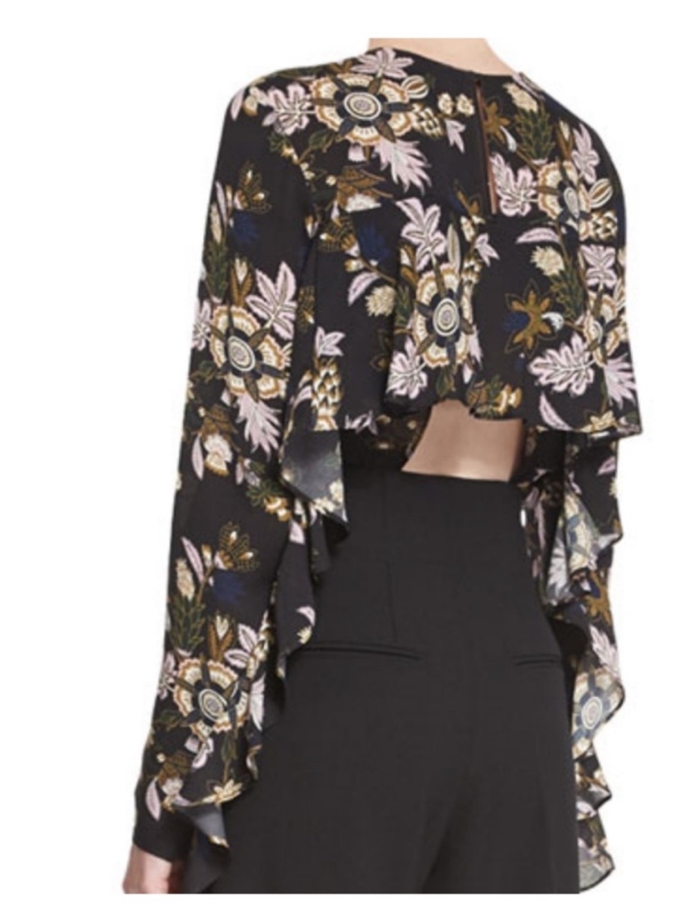 A.L.C. Cooper Silk Blouse Black Floral Open Back Hi Lo Hem Long Sleeve Top 2 - Picture 2 of 9